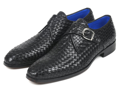 Paul Parkman Black Woven Leather Single Monkstraps (ID