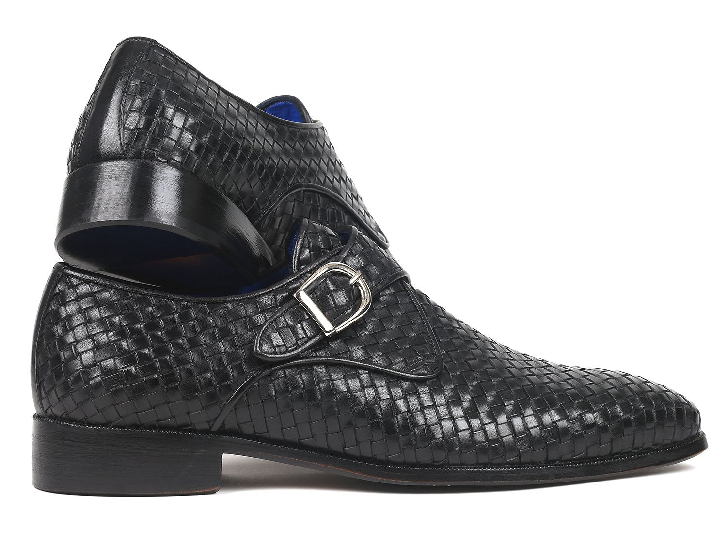 Paul Parkman Black Woven Leather Single Monkstraps (ID