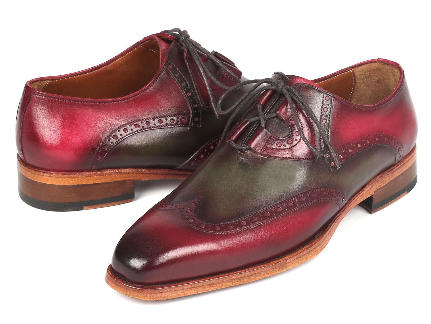 Paul Parkman Goodyear Welted Ghillie Lacing Brogues Green &amp; Bordeaux (ID