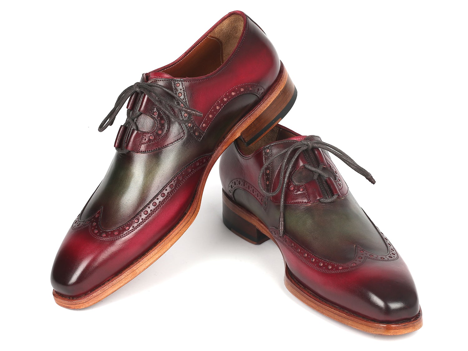 Paul Parkman Goodyear Welted Ghillie Lacing Brogues Green &amp; Bordeaux (ID