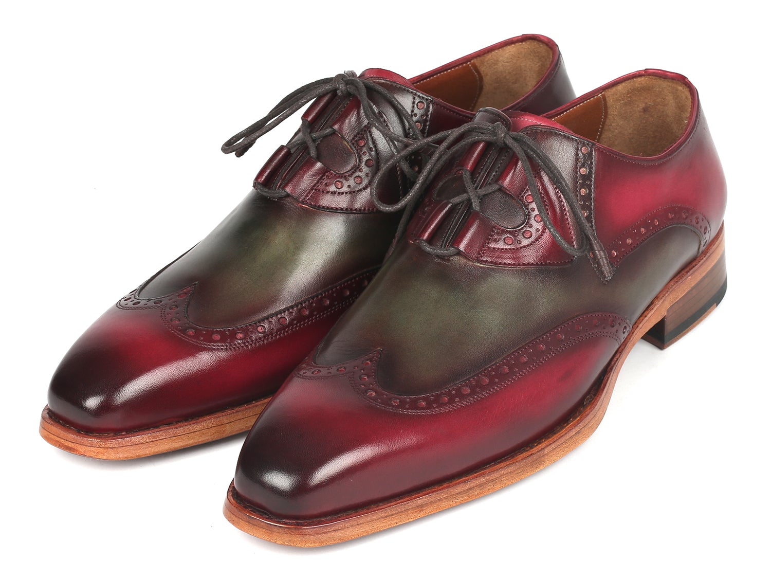 Paul Parkman Goodyear Welted Ghillie Lacing Brogues Green &amp; Bordeaux (ID