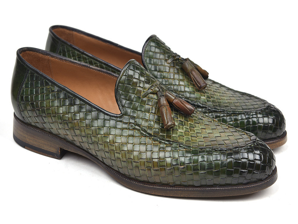 Paul Parkman Woven Leather Tassel Loafers Green  (ID