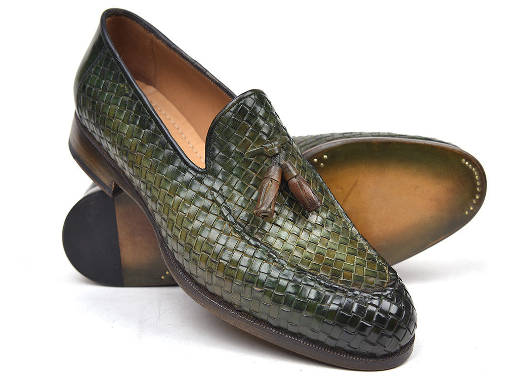 Paul Parkman Woven Leather Tassel Loafers Green  (ID