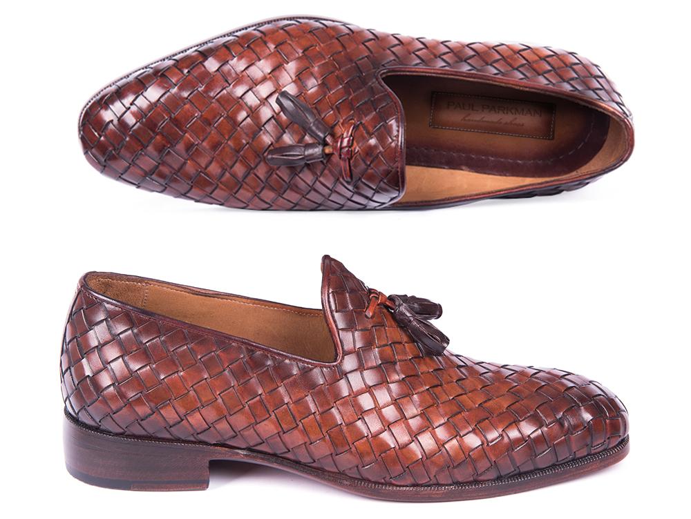 Paul Parkman Woven Leather Tassel Loafers Brown (ID